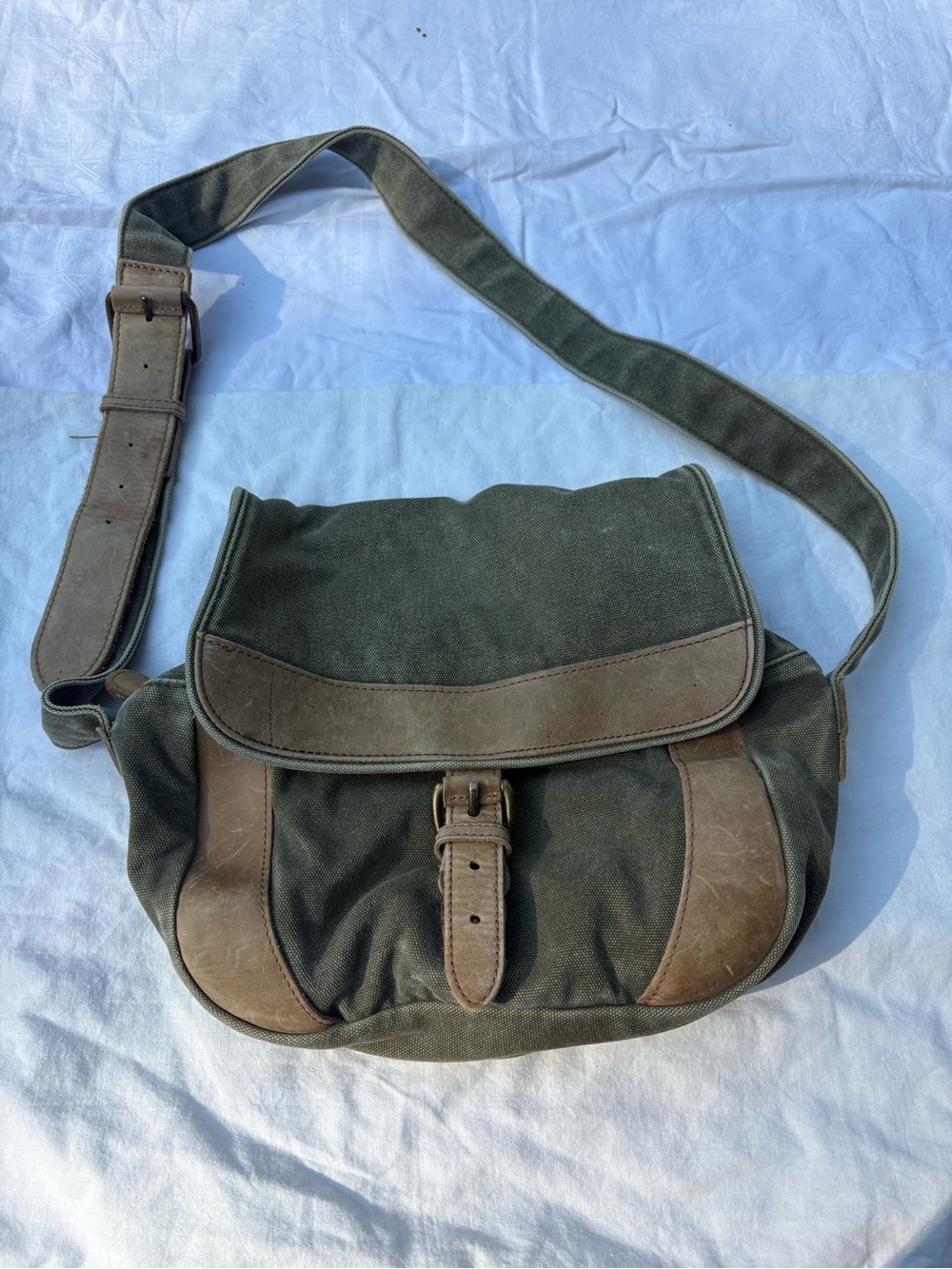 L.L. Bean Olive Green Canvas Messenger with Brown Leather Trim
